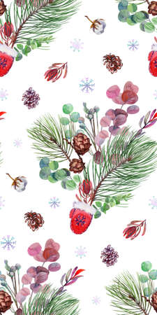 seamless pattern with winter bouquet and dried flowers and fir branches on white background