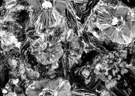 Seamless black and white watercolor marine pattern with corals and underwater mineralsの写真素材
