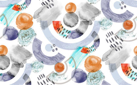 Seamless watercolor abstract pattern with circles and semicircles in boho style