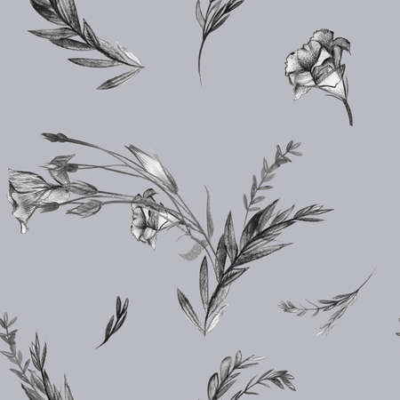 Botanical black and white pattern with eustoma flowers and drawn on a gray background