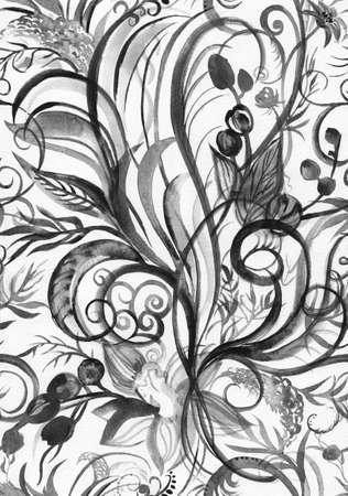 Black and white seamless watercolor pattern with orchid flowers and vintage stylized spiral leavesの写真素材