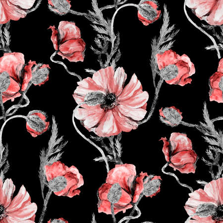Seamless botanical watercolor pattern with red poppies on a black backgroundの写真素材