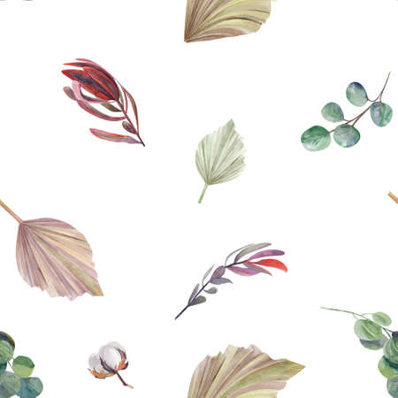 watercolor seamless pattern with dry palm leaves on a white background in boho styleの写真素材