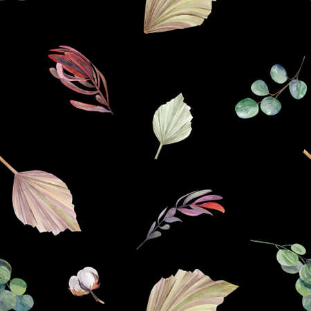watercolor seamless pattern with dry palm leaves on a black backgroundの写真素材