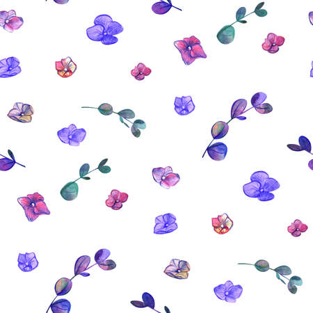 Seamless pattern with Small colorful flowers painted in watercolor on a white background