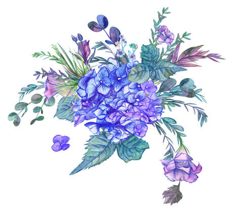 bouquet of blue Hydrangea flower drawn in watercolor and pencil isolated on white backgroundの写真素材