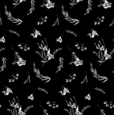 Black and white monochrome pattern with flowers drawn with a graphic pencil on a black backgroundの写真素材