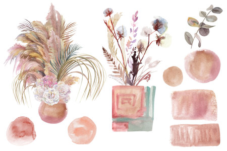 Set of bouquets with dried flowers and pampas grass with white roses and vase options for postcardsの写真素材