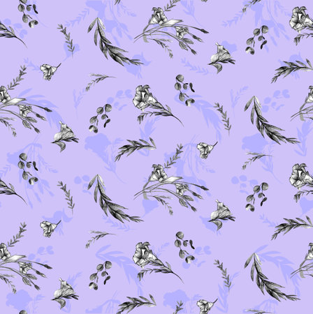 Botanical pattern with eustoma flowers drawn with a simple pencil on a purple background