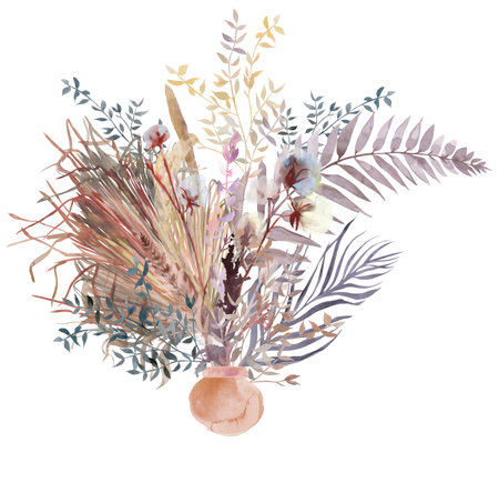 Watercolor vertical bouquet in a boho style vase with white rose flowers with dried flowersの写真素材