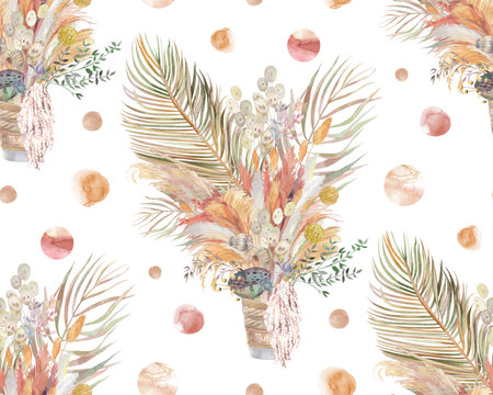 Seamless watercolor botanical pattern with tropical bouquet and palm leaves in boho styleの写真素材