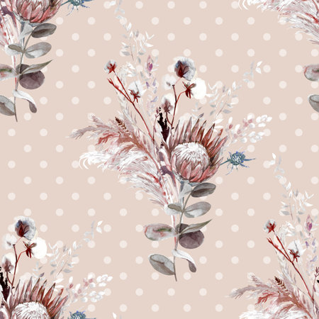 Botanical seamless pattern with bouquet of dried protea flowers on a gentle pastel background with polka dotsの写真素材
