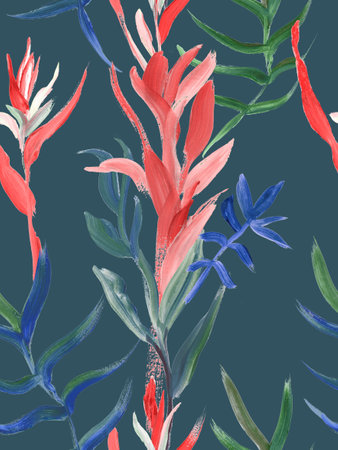 Seamless pattern with vertical tropical silhouettes of flowers and leaves drawnの写真素材