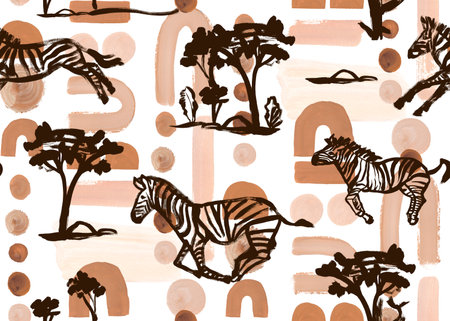 Abstract pattern with running zebras on the savannah paintedの写真素材