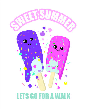 Funny two ice cream popsicles cartoon style with heartのイラスト素材