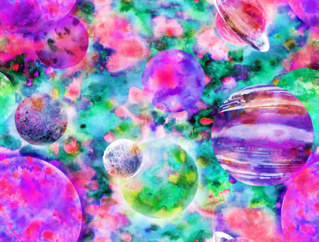 watercolor seamless pattern with colorful stars and blue skyの写真素材