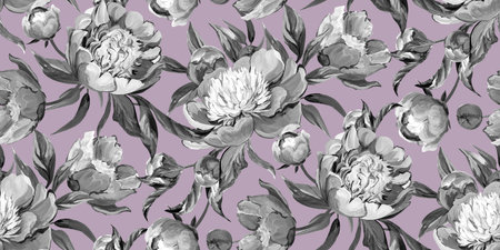 Seamless monochrome pattern with peonies drawn in gouache for textileの写真素材
