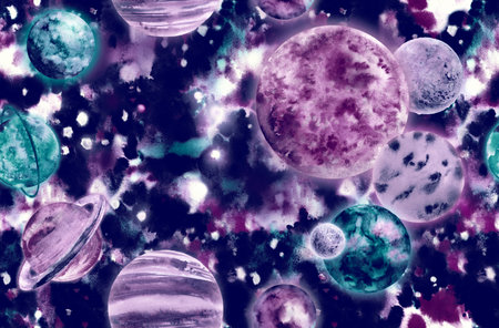 Realistic seamless pattern solar system in watercolor against a bright starry sky backgroundの写真素材