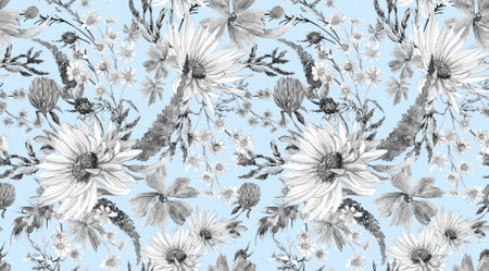 Seamless monochrome watercolor pattern with daisies and wildflowers drawn in watercolorの写真素材