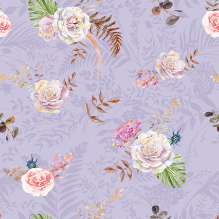 Seamless watercolor pattern with a flowers of roses and tropical herbariumの写真素材