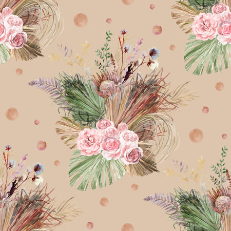 Watercolor vintage seamless pattern with a herbarium of white rose flowers and tropical palm leavesの写真素材