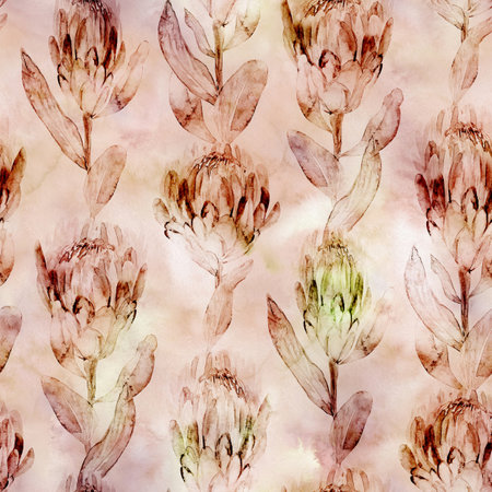 Watercolor seamless pattern with typography of vertical protea flowers on a watercolorの写真素材