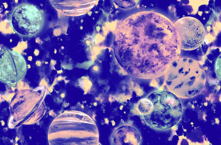 Realistic seamless pattern solar system in watercolor against a bright starry sky background