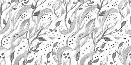 Seamless monochrome watercolor pattern with abstract wildflowers drawn in watercolorの写真素材