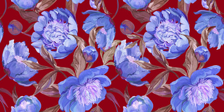 Botanical seamless pattern with peonies and sakura branches drawn in gouacheの写真素材