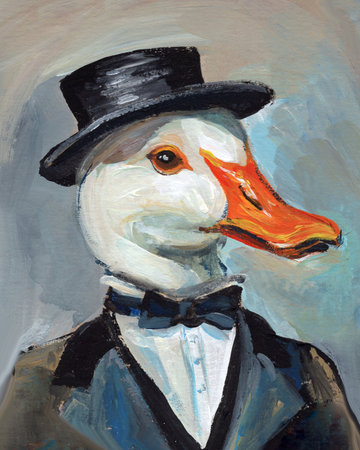 Whimsical portrait of a sophisticated goose in a black suit and hat, painted with expressive brushworkの写真素材
