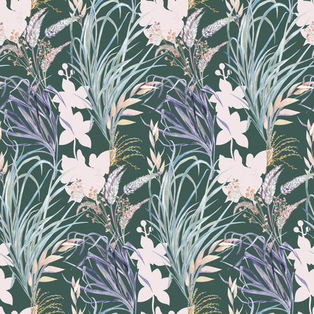Botanical seamless pattern with graceful flowers and orchid sulhouettes for textilesの写真素材