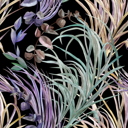 Seamless watercolor pattern with graceful leaves and stems on green background for textileの写真素材