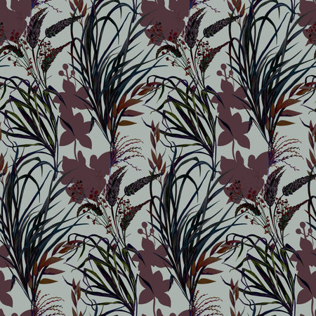 Botanical seamless pattern with graceful flowers and orchid silhouettes for textilesの写真素材