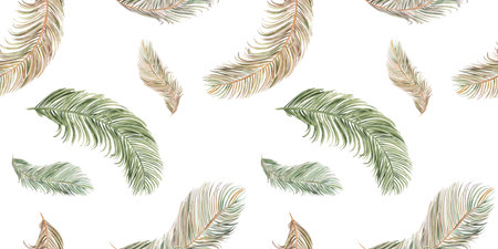 Seamless botanical summer watercolor pattern with palm leaves on white for textiles and wallpaperの写真素材
