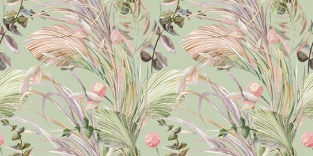 A seamless summer botanical pattern painted in watercolor with plants for textiles and wallpaper designsの写真素材