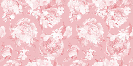 Delicate monochrome pattern with peony flowers in shades of pinkの写真素材