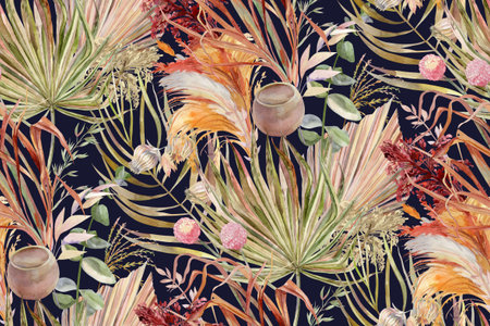 Seamless pattern with painted branches, herbs, and tropical leaves for textiles and wallpaper (6)の写真素材