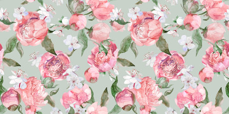 Seamless spring pattern with watercolor peonies and sakura flowers for textilesの写真素材