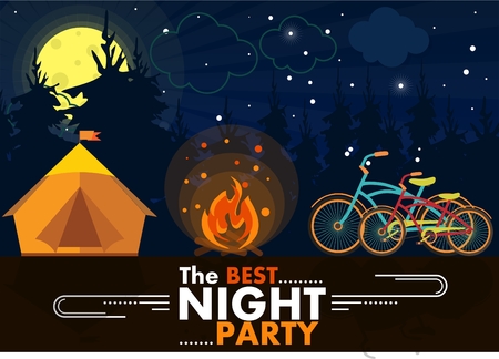 Bicycle on nature background. camping in a tent. fire in nature. relaxing at the lakeのイラスト素材