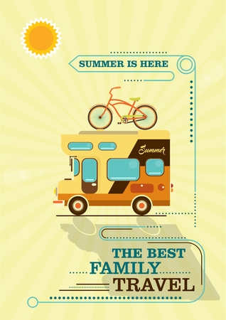 mobile home on the summer background. the best family travel. choose your travel destination. family vanのイラスト素材