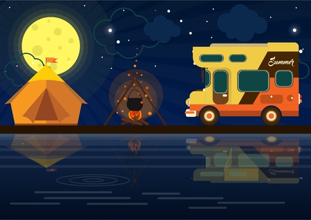 a mobile home on the background of nature. camping in a tent. fire in nature. relaxing at the lakeのイラスト素材