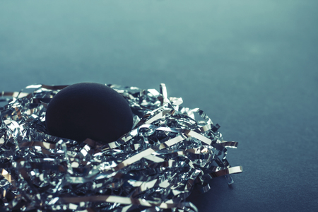 One black egg in a nest made of silver strings, on  a blue green background, Easter conceptの写真素材