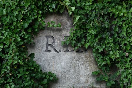 R.I.P.  letters engraved in grey stone tombstone framed with lush green ivyの写真素材