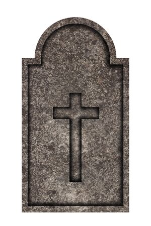 Decorated, oval granite tombstone on white background with engraved crossの写真素材
