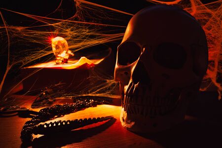 Human skull in the orange candle light, surrounded with cobwebs, on the table with old book, gemstone and pendantの写真素材