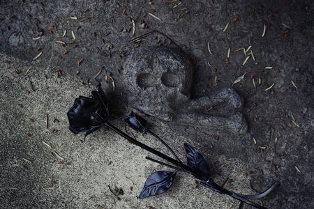 Old gravestone with damaged skull and bones and one black rose lying next to itの写真素材
