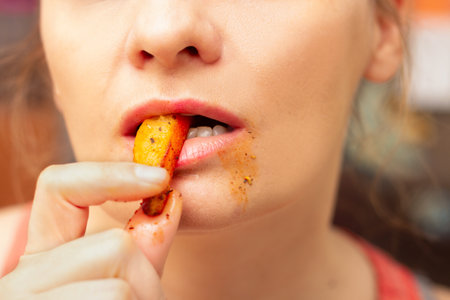 Woman putting french fries in her mouth and taking a bite, messy around the mouthの写真素材