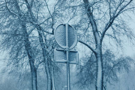 Back view of a traffic sign in front, some barren trees covered in fresh snow, winter snowstorm landscapeの写真素材