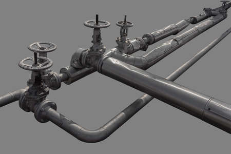 Water pipes and valves isolated on grey backgroundの写真素材