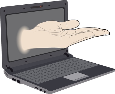 Palm come out from a screen of a laptopのイラスト素材